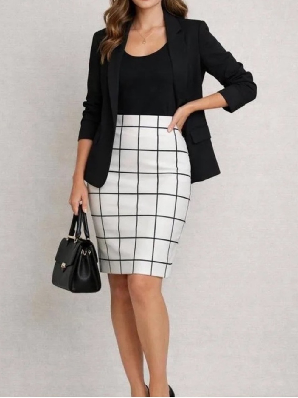 Express White Pencil Skirt with Black Windowpane Check